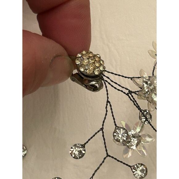 Sutain Vintage Largw 60s MCM Clip On Branch Sequin Rhinestone Earrings Floral - Picture 4 of 11